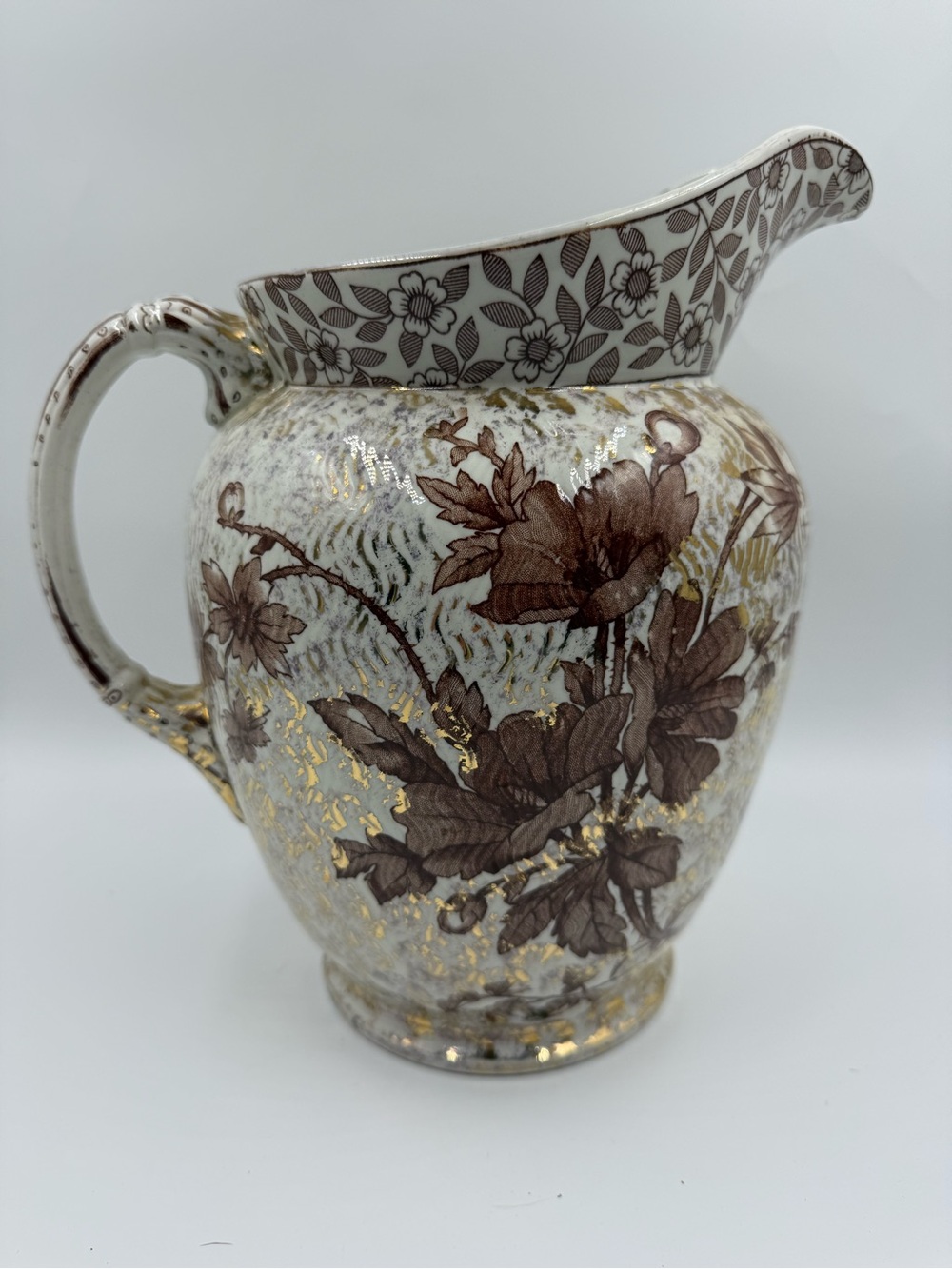 Antique Ridgways Chester Pitcher Victorian Brown Transferware Gold Floral 11”